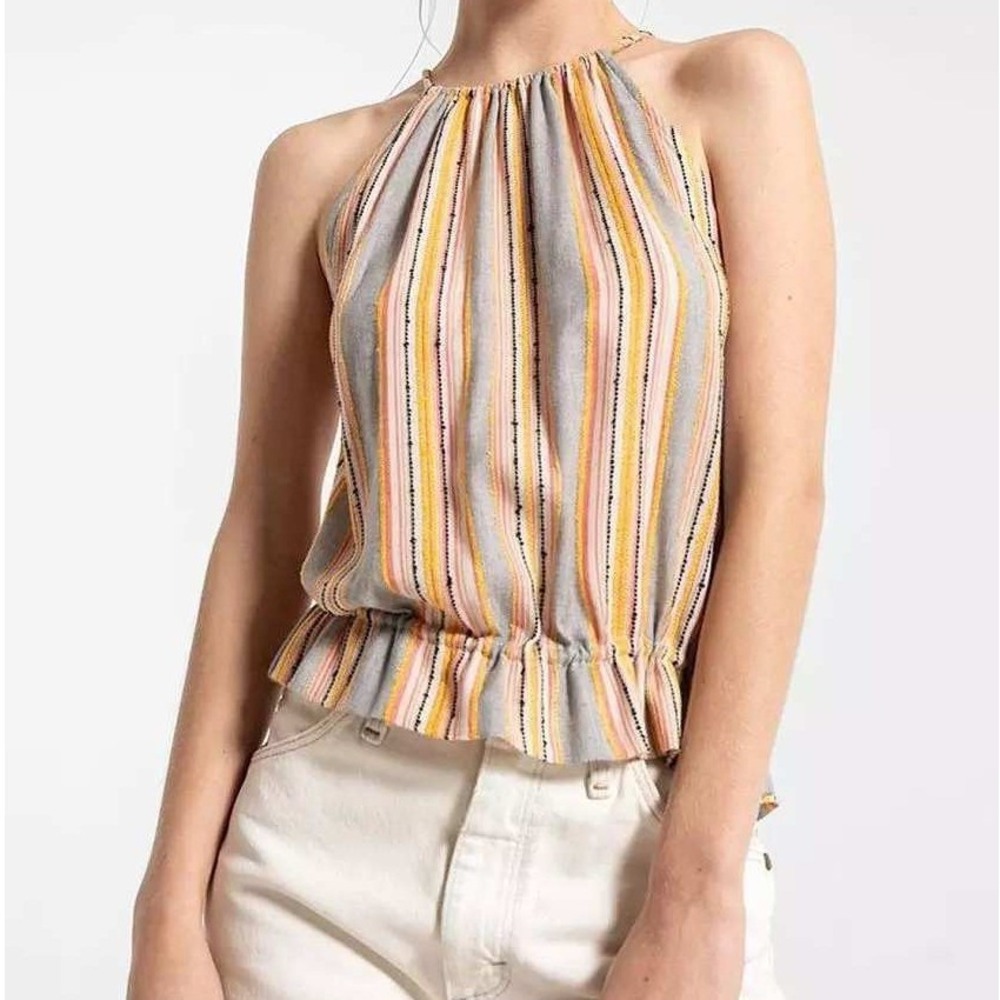 Others Follow Gemini High Neck Tank Top Large Striped Boho Open Back Ruffle Hem